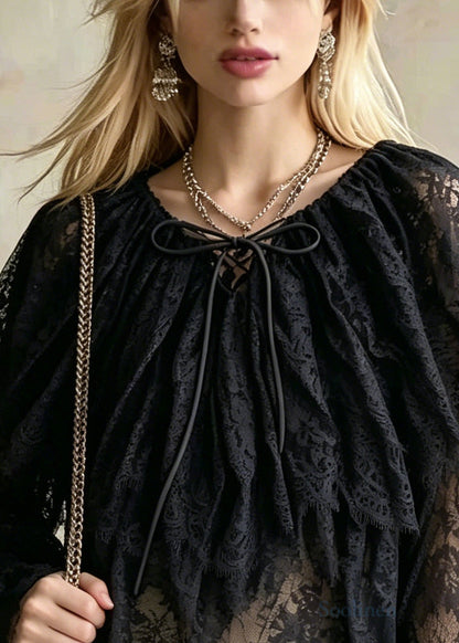 Bohemian Black Ruffles Hollow Out Lace Shirts Flare Sleeve