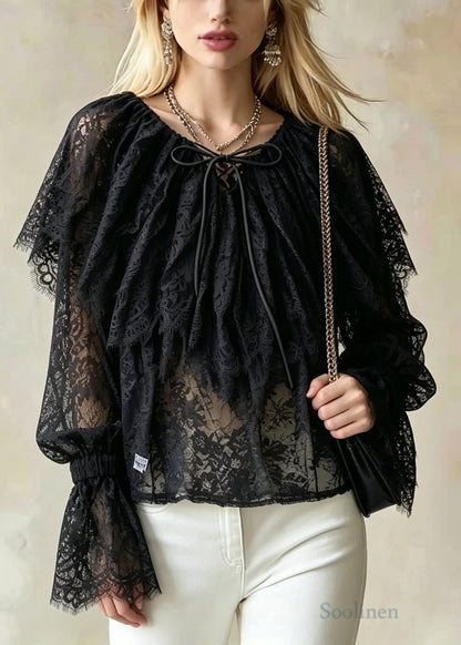 Bohemian Black Ruffles Hollow Out Lace Shirts Flare Sleeve