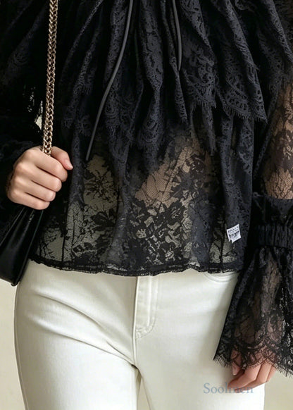 Bohemian Black Ruffles Hollow Out Lace Shirts Flare Sleeve