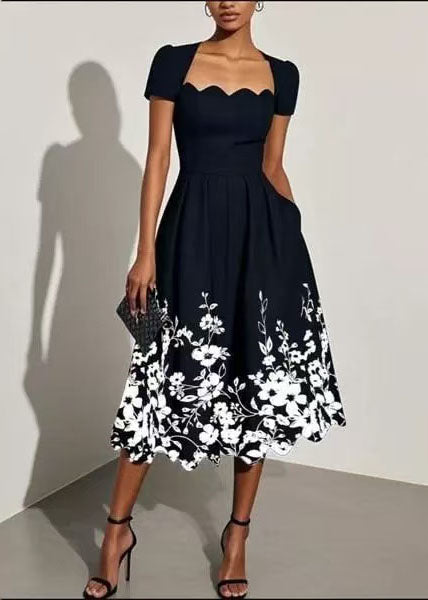 Bohemian Black Square Collar Print Cotton Dress Summer