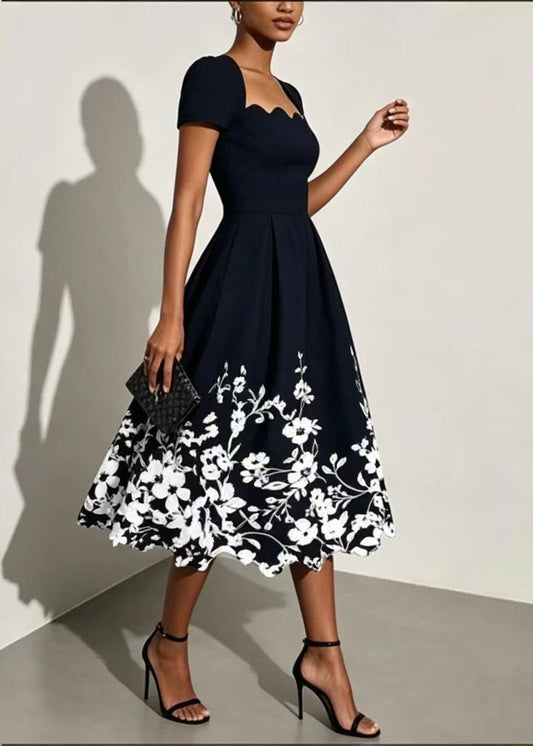 Bohemian Black Square Collar Print Cotton Dress Summer