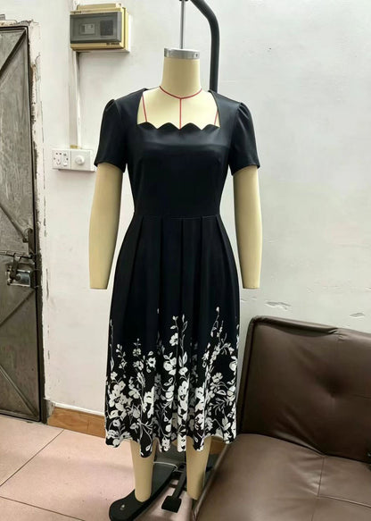 Bohemian Black Square Collar Print Cotton Dress Summer