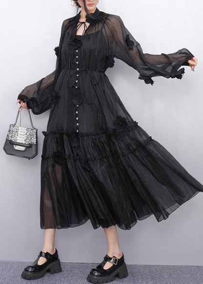 Bohemian Black Stand Collar Ruffled Chiffon Long Dresses Fall