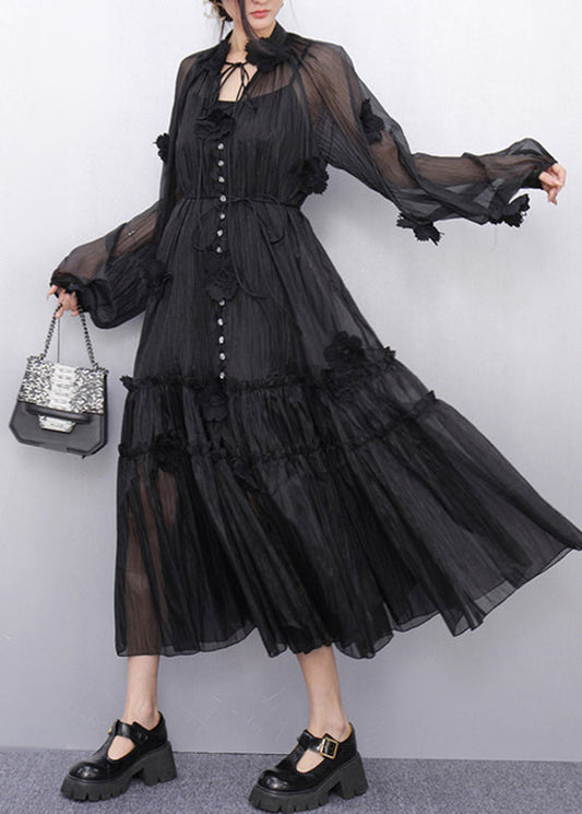 Bohemian Black Stand Collar Ruffled Chiffon Long Dresses Fall
