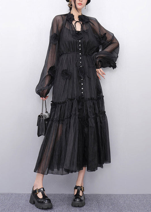 Bohemian Black Stand Collar Ruffled Chiffon Long Dresses Fall