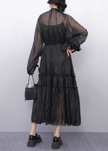 Bohemian Black Stand Collar Ruffled Chiffon Long Dresses Fall