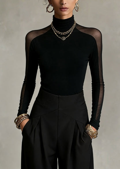 Bohemian Black Turtleneck Patchwork Tulle Top Spring