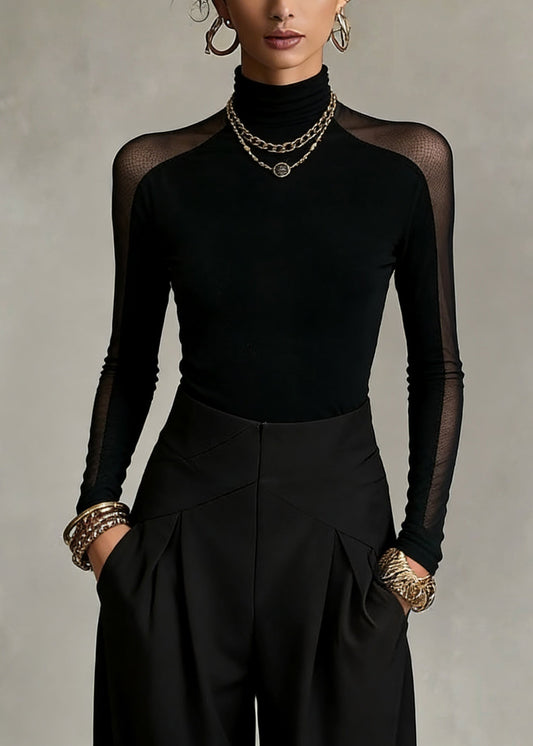 Bohemian Black Turtleneck Patchwork Tulle Top Spring