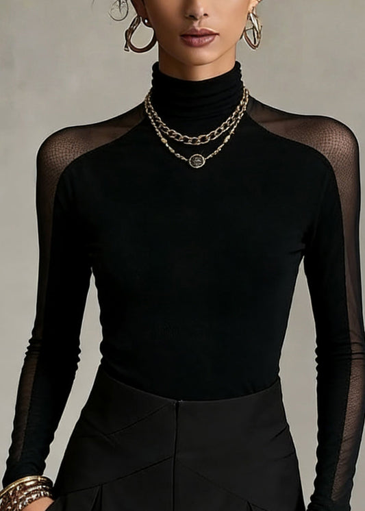 Bohemian Black Turtleneck Patchwork Tulle Top Spring