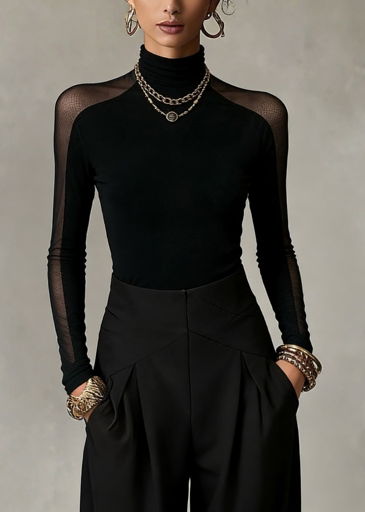 Bohemian Black Turtleneck Patchwork Tulle Top Spring