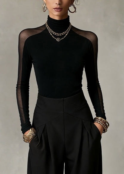 Bohemian Black Turtleneck Patchwork Tulle Top Spring