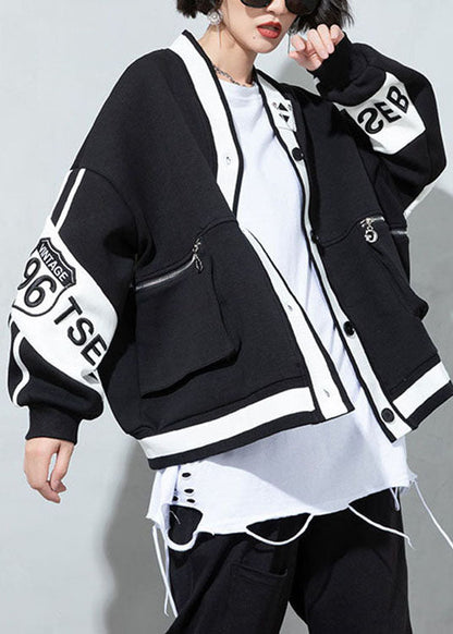 Bohemian Schwarz V-Ausschnitt Patchwork Knopf Mantel Frühling