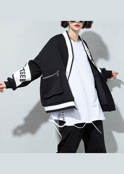 Bohemian Schwarz V-Ausschnitt Patchwork Knopf Mantel Frühling