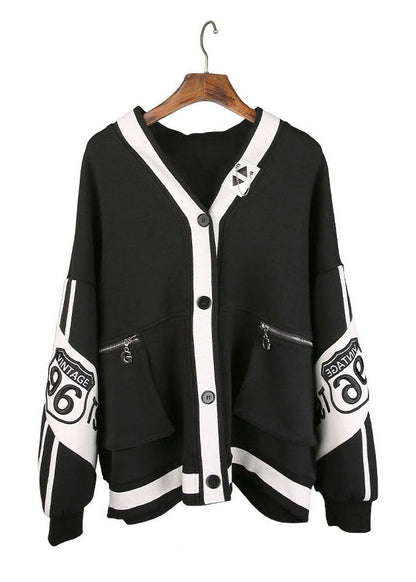 Bohemian Schwarz V-Ausschnitt Patchwork Knopf Mantel Frühling