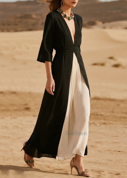 Schwarzes Chiffon-Kleid im Boho-Stil mit V-Ausschnitt, seitlicher Öffnung und halben Ärmeln