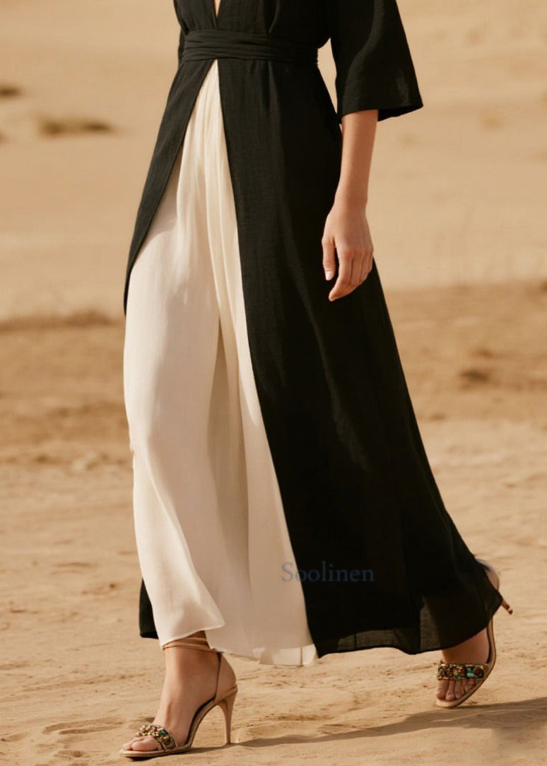 Schwarzes Chiffon-Kleid im Boho-Stil mit V-Ausschnitt, seitlicher Öffnung und halben Ärmeln