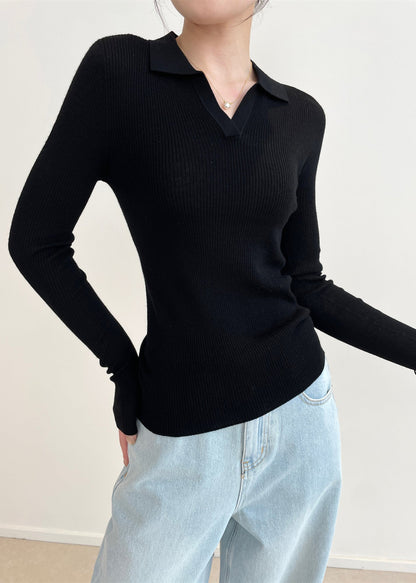 Tops de punto ajustados con cuello en V negros bohemios de primavera