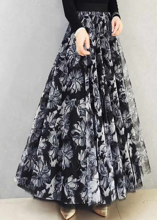Bohemian Schwarz Weiß Floral Hohe Taille Print Drapieren Tüll Maxi Rock