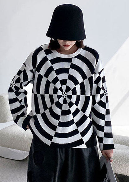 Bohemian Schwarz Weiß O-Ausschnitt Original Design Print Strickpullover Winter