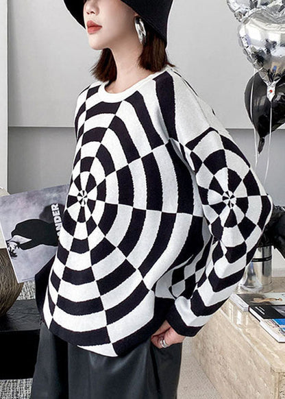 Bohemian Schwarz Weiß O-Ausschnitt Original Design Print Strickpullover Winter