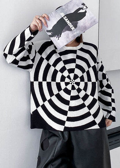 Bohemian Schwarz Weiß O-Ausschnitt Original Design Print Strickpullover Winter