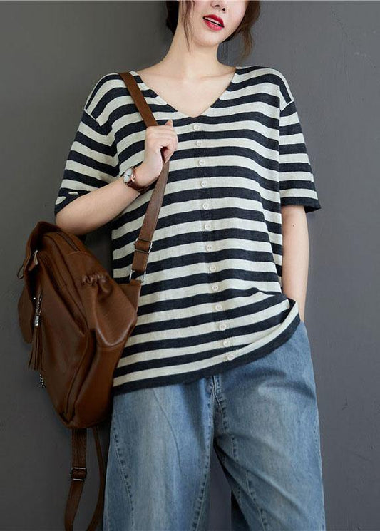 Bohemian Black White Striped V Neck Button Top Summer - SooLinen