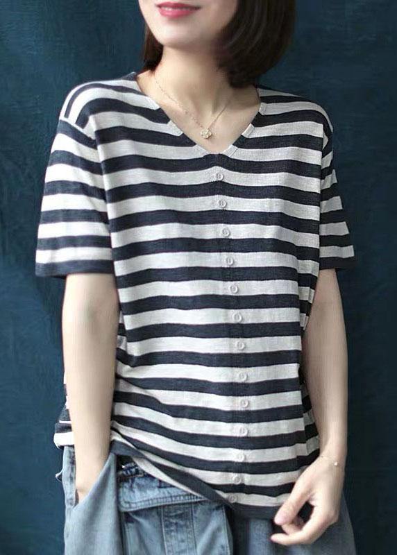 Bohemian Black White Striped V Neck Button Top Summer - SooLinen