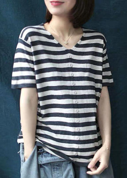 Bohemian Black White Striped V Neck Button Top Summer - SooLinen