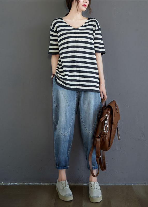 Bohemian Black White Striped V Neck Button Top Summer - SooLinen