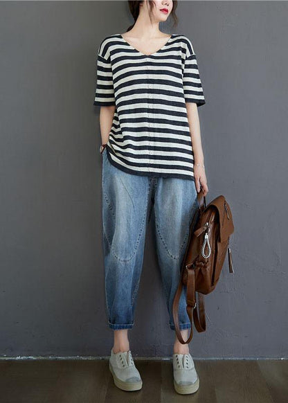 Bohemian Black White Striped V Neck Button Top Summer - SooLinen