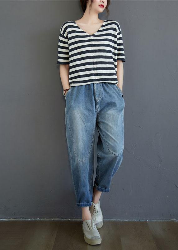 Bohemian Black White Striped V Neck Button Top Summer - SooLinen