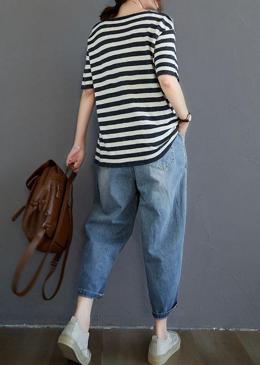 Bohemian Black White Striped V Neck Button Top Summer - SooLinen