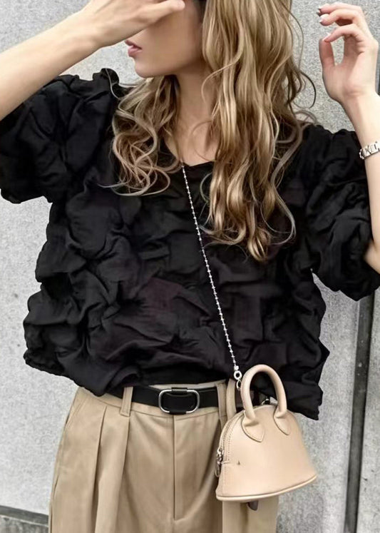 Bohemian Black Wrinkled Cotton Blouses Puff Sleeve