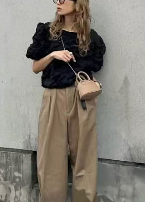Bohemian Black Wrinkled Cotton Blouses Puff Sleeve