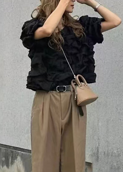 Bohemian Black Wrinkled Cotton Blouses Puff Sleeve