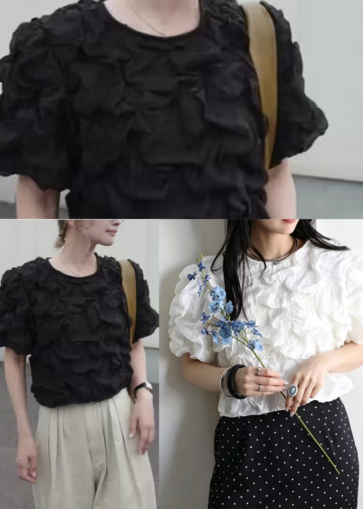 Bohemian Black Wrinkled Cotton Blouses Puff Sleeve
