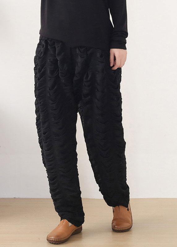 Bohemian Black Wrinkled Elastic Waist Fall Harem Pants - SooLinen