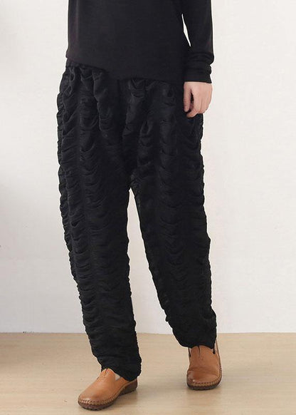 Bohemian Black Wrinkled Elastic Waist Fall Harem Pants - SooLinen