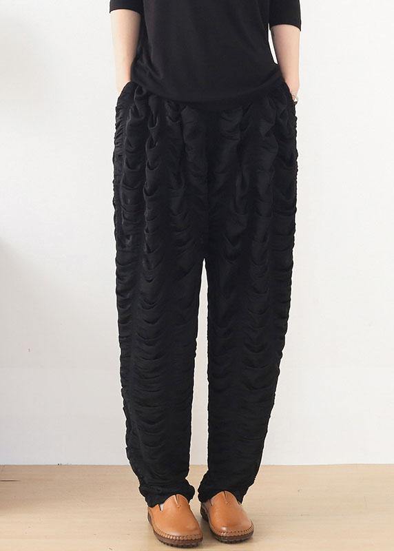 Bohemian Black Wrinkled Elastic Waist Fall Harem Pants - SooLinen
