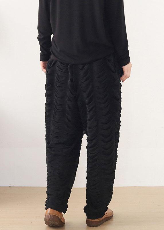 Bohemian Black Wrinkled Elastic Waist Fall Harem Pants - SooLinen
