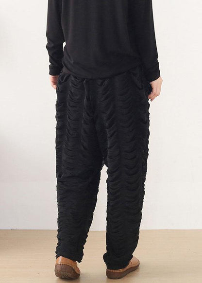 Bohemian Black Wrinkled Elastic Waist Fall Harem Pants - SooLinen