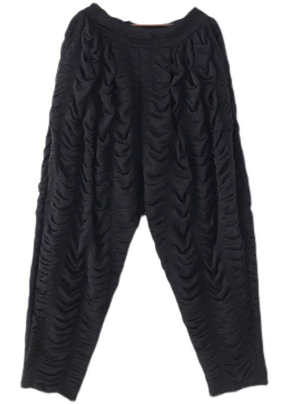 Bohemian Black Wrinkled Elastic Waist Fall Harem Pants - SooLinen