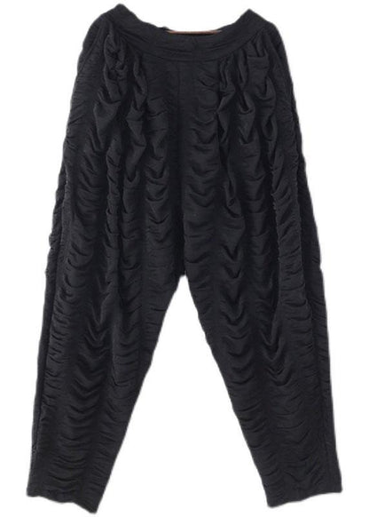 Bohemian Black Wrinkled Elastic Waist Fall Harem Pants - SooLinen