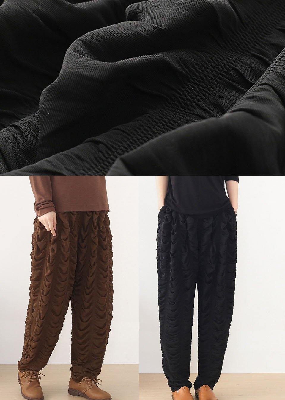 Bohemian Black Wrinkled Elastic Waist Fall Harem Pants - SooLinen