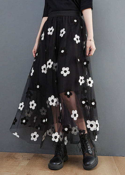 Bohemian Schwarz elastische taille Tüll A Linie Rock Frühling