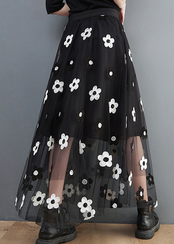 Bohemian Schwarz elastische taille Tüll A Linie Rock Frühling