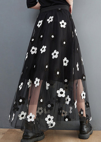 Bohemian Schwarz elastische taille Tüll A Linie Rock Frühling