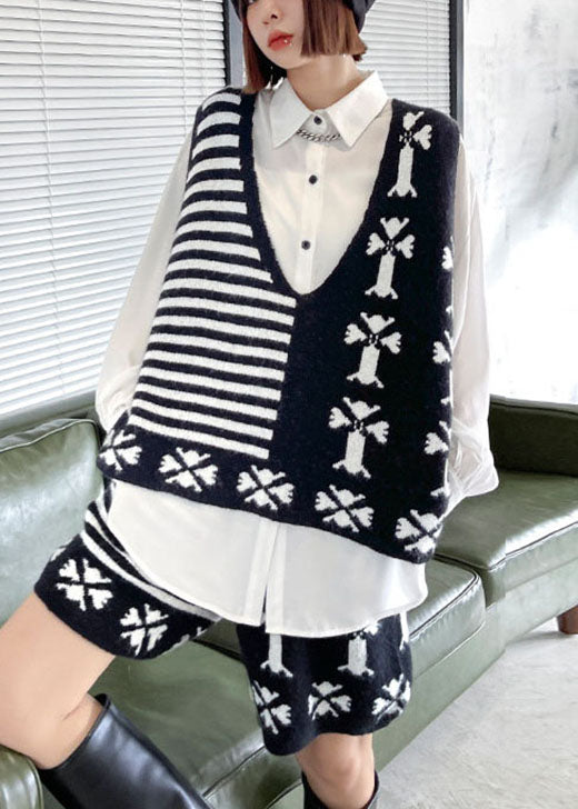 Bohemian Black Fashion Jacquard-Strickweste mit V-Ausschnitt + weites Bein, zweiteiliges Herbst-Set