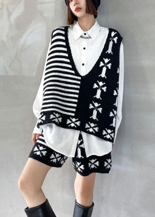 Bohemian Black Fashion Jacquard-Strickweste mit V-Ausschnitt + weites Bein, zweiteiliges Herbst-Set