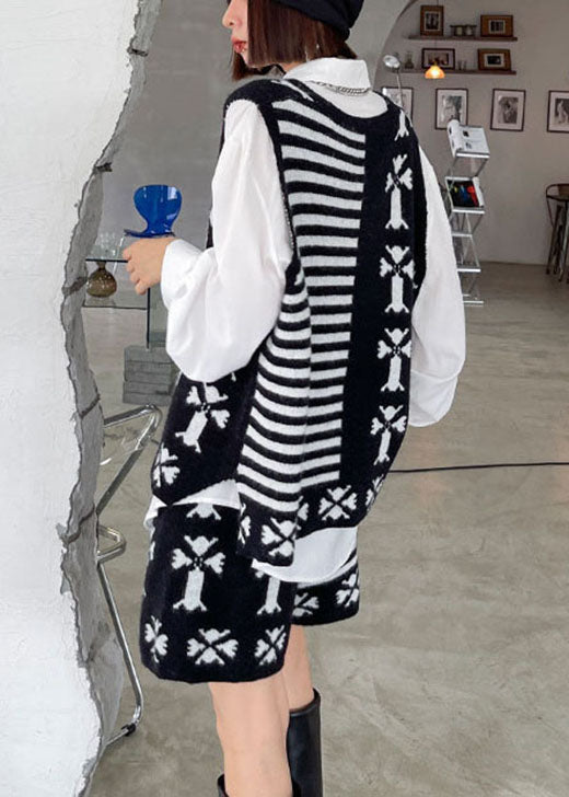 Bohemian Black Fashion Jacquard-Strickweste mit V-Ausschnitt + weites Bein, zweiteiliges Herbst-Set
